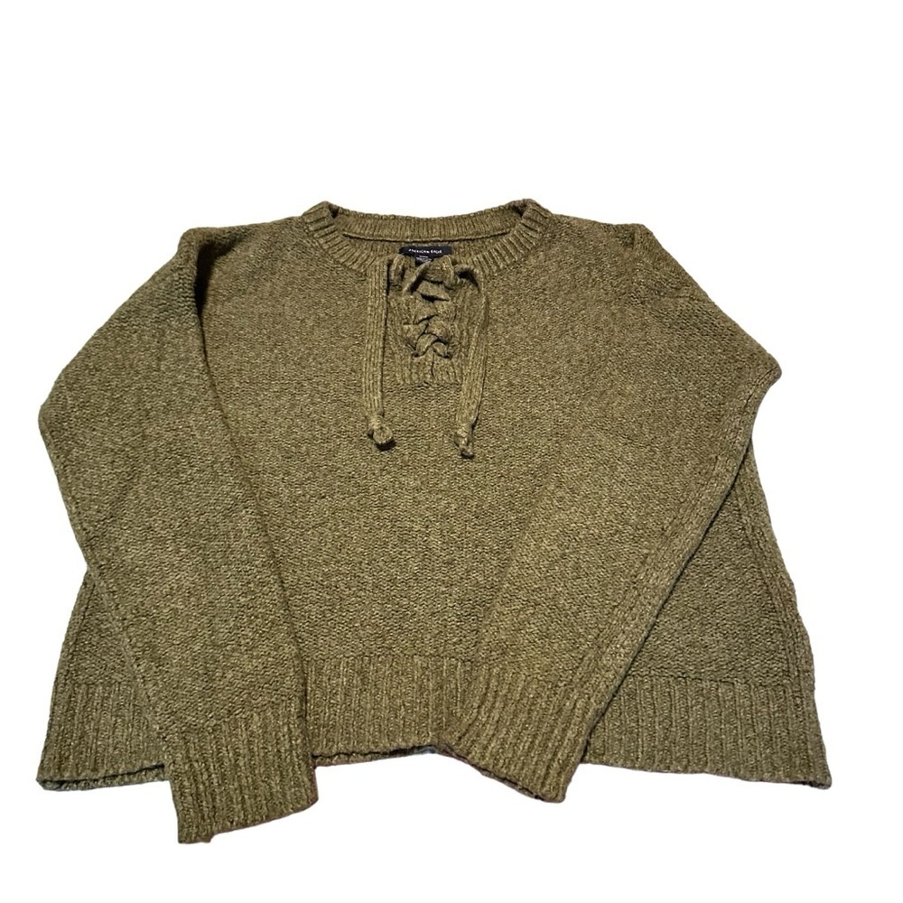 American Eagle Olive Green, LaceUp Cropped Y2k 90’s Casual Everyday Sweater sz M - Picture 3 of 14